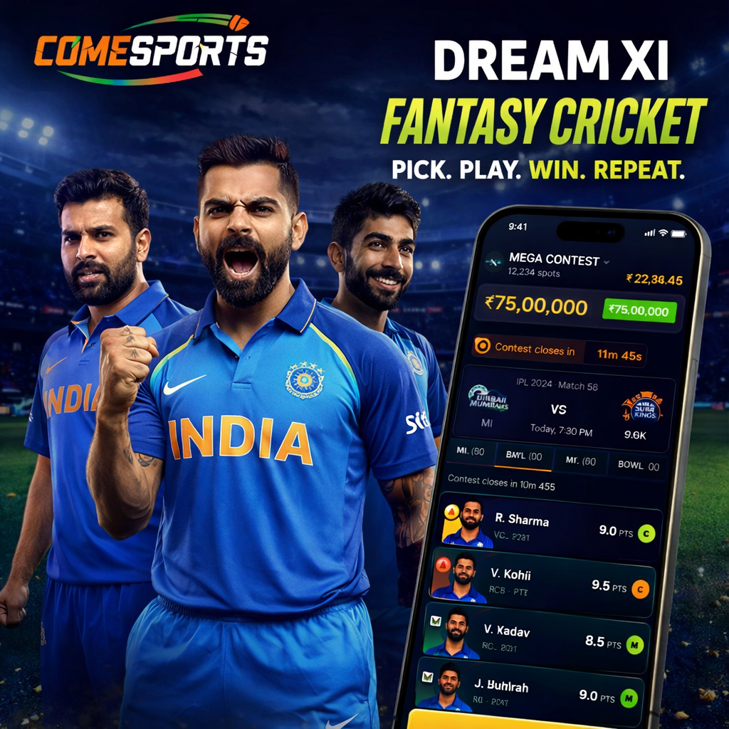 Come Guru App fantasy cricket and India team visual